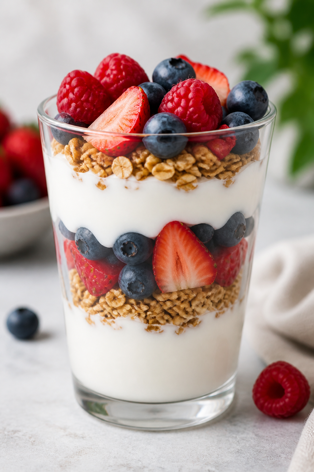 Berry-topped Greek yogurt parfait in clear glass