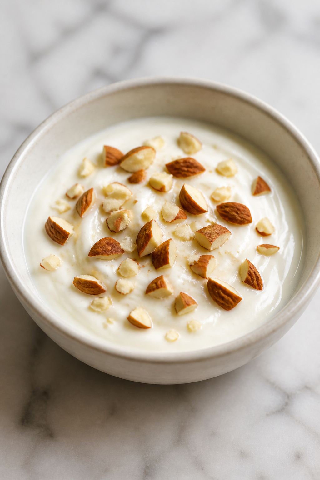 Almonds sprinkled over vanilla yogurt in small bowl