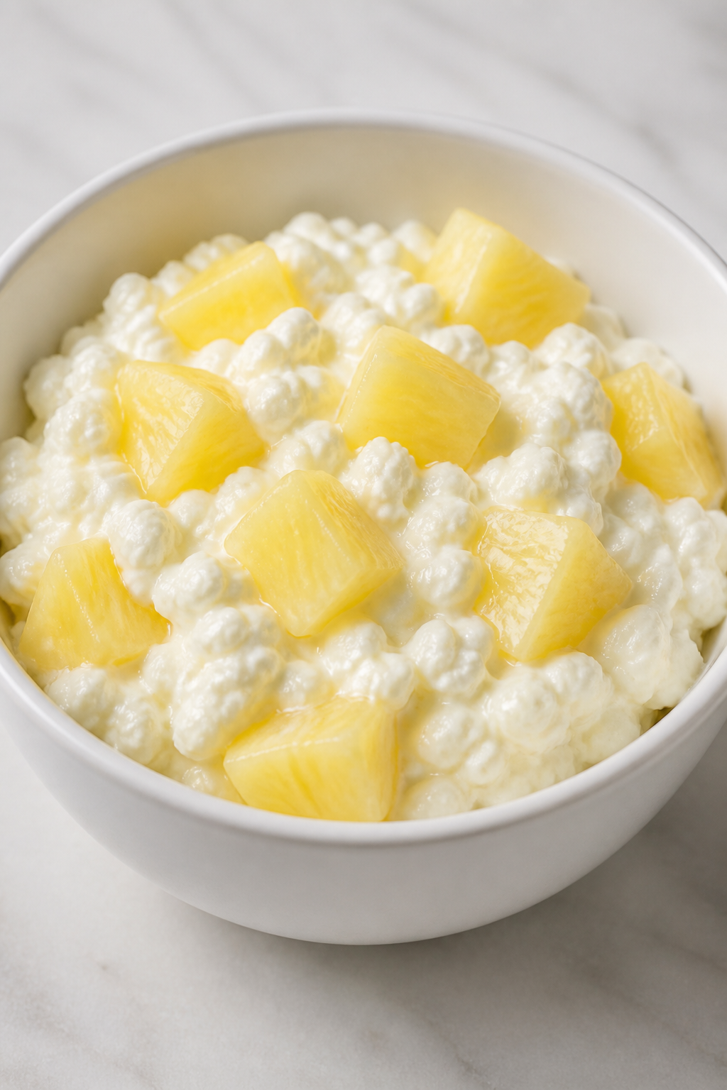 Cottage cheese with pineapple chunks in white bowl