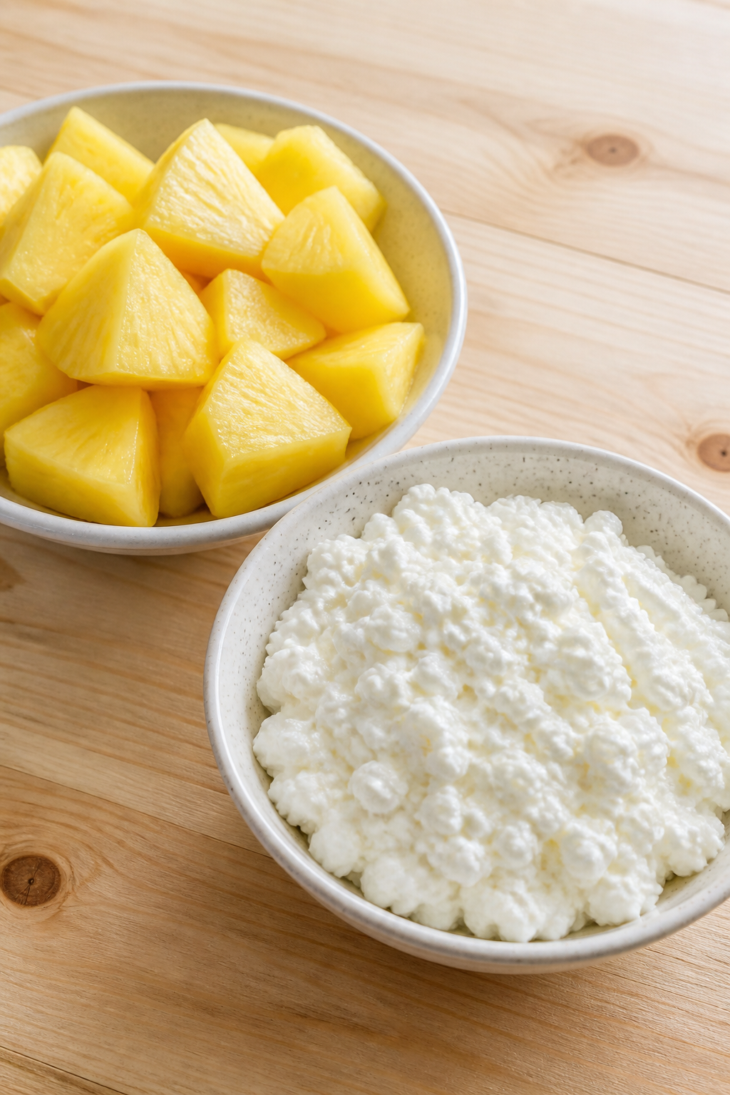 Pineapple and cottage cheese contrast on light wooden surface