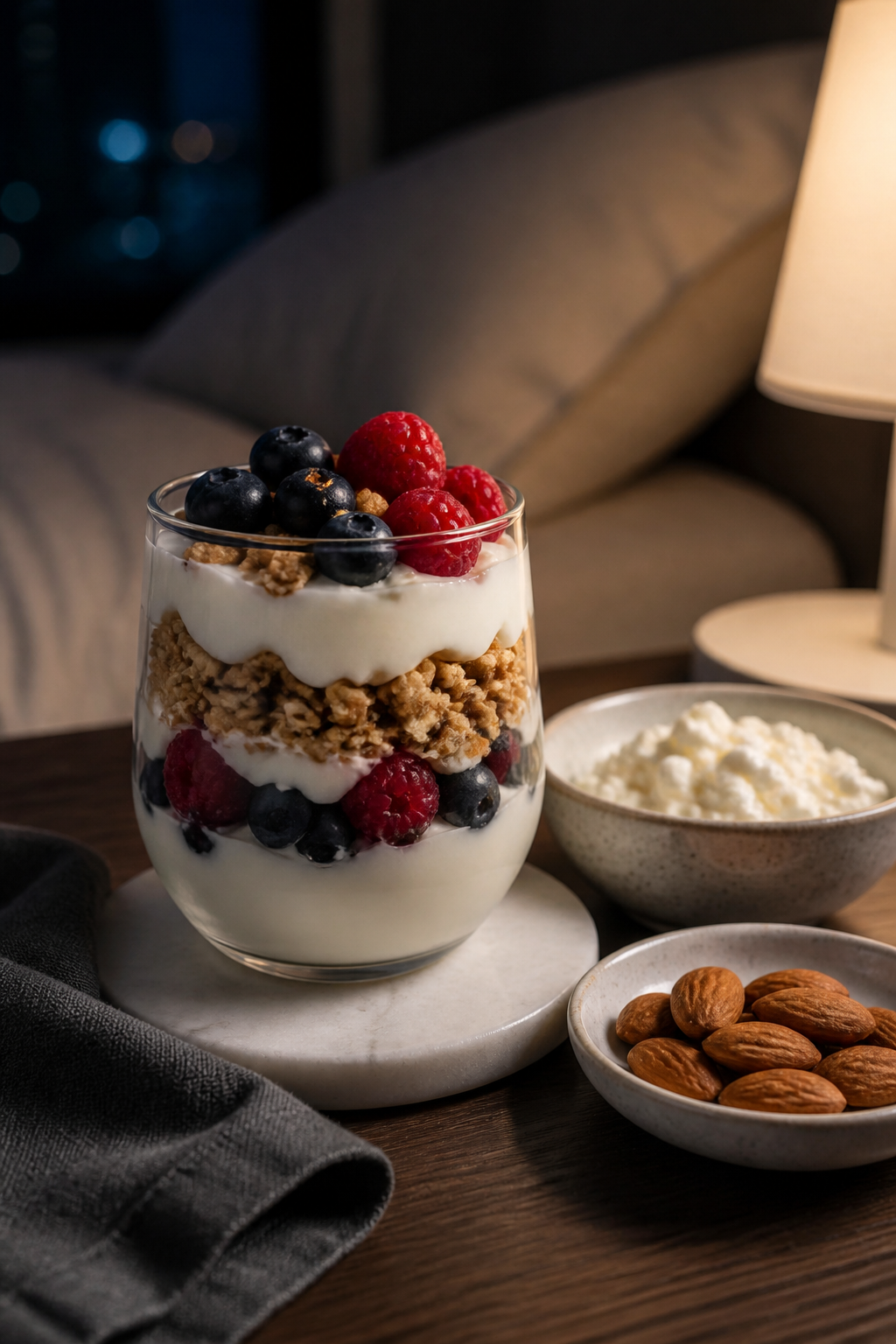Protein-focused late-night snack setup with yogurt parfait