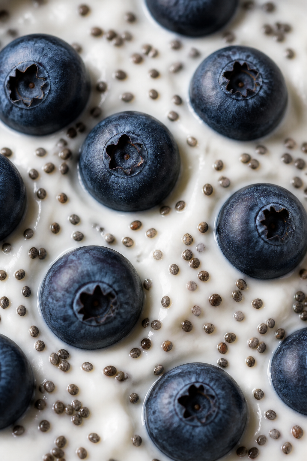 Chia seed sprinkled yogurt with blueberries close-up