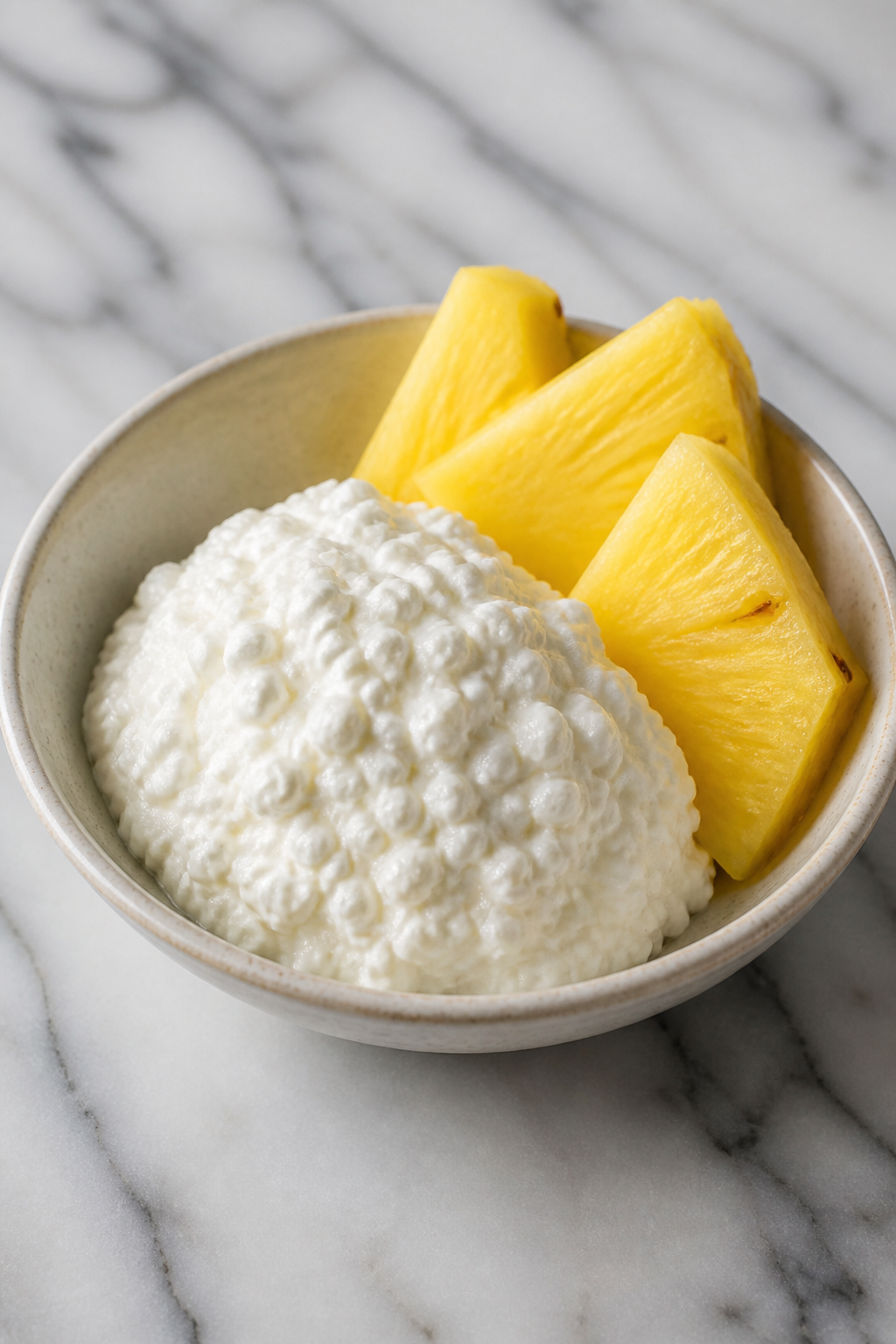 Cottage cheese scoop with pineapple wedges on marble counter