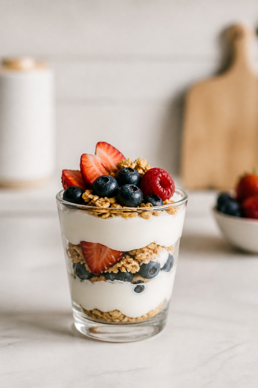 Minimalist shot: yogurt parfait under soft kitchen lighting