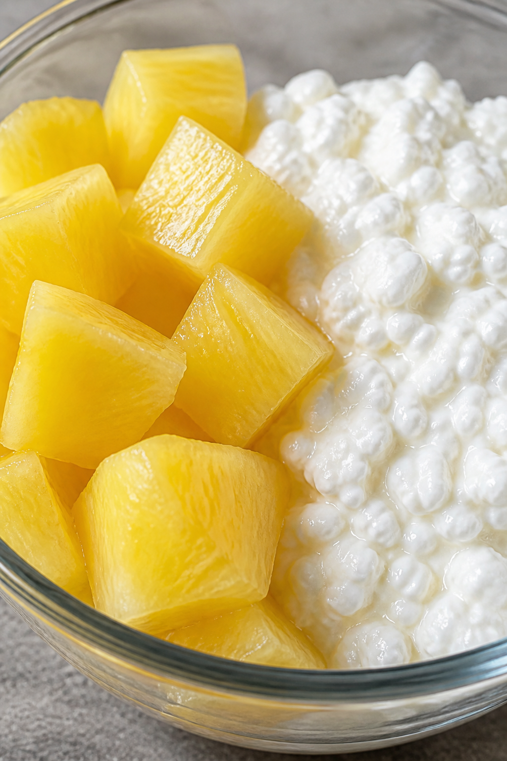 Close-up: pineapple chunks beside cottage cheese in glass bowl