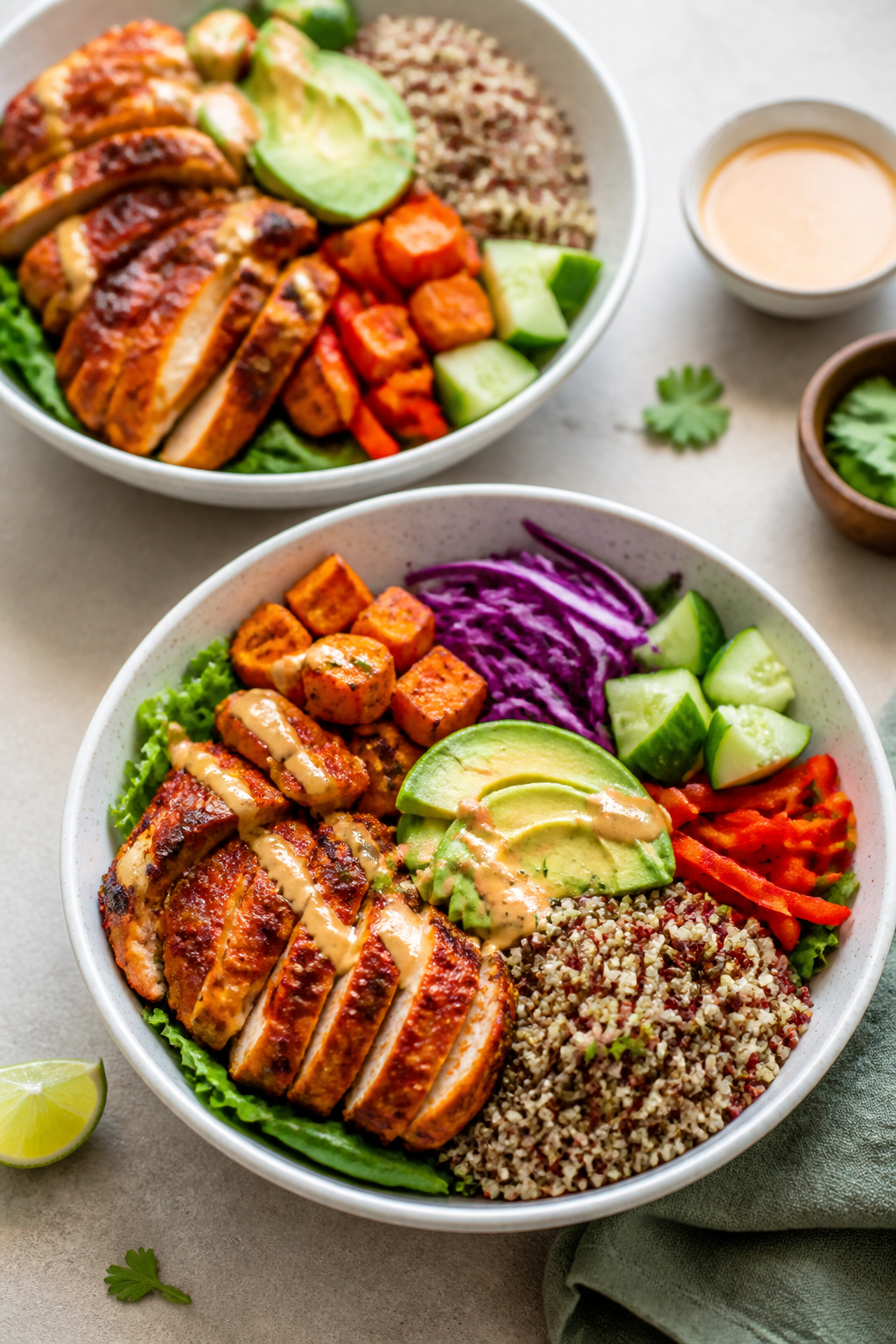 Spicy chicken power bowls with quinoa, plated neatly