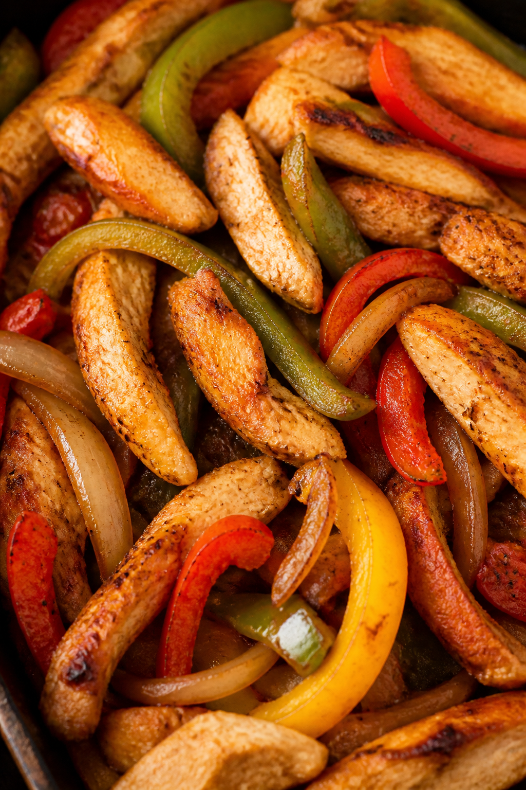 Roasted chicken fajita strips with peppers and onions close-up
