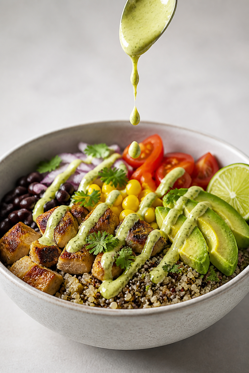 Lime garlic sauce drizzle over quinoa bowl, studio lighting