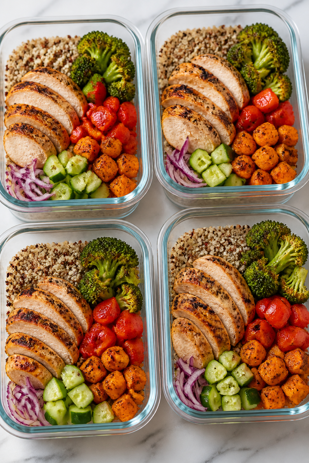 Meal-prepped chicken quinoa bowls in glass containers