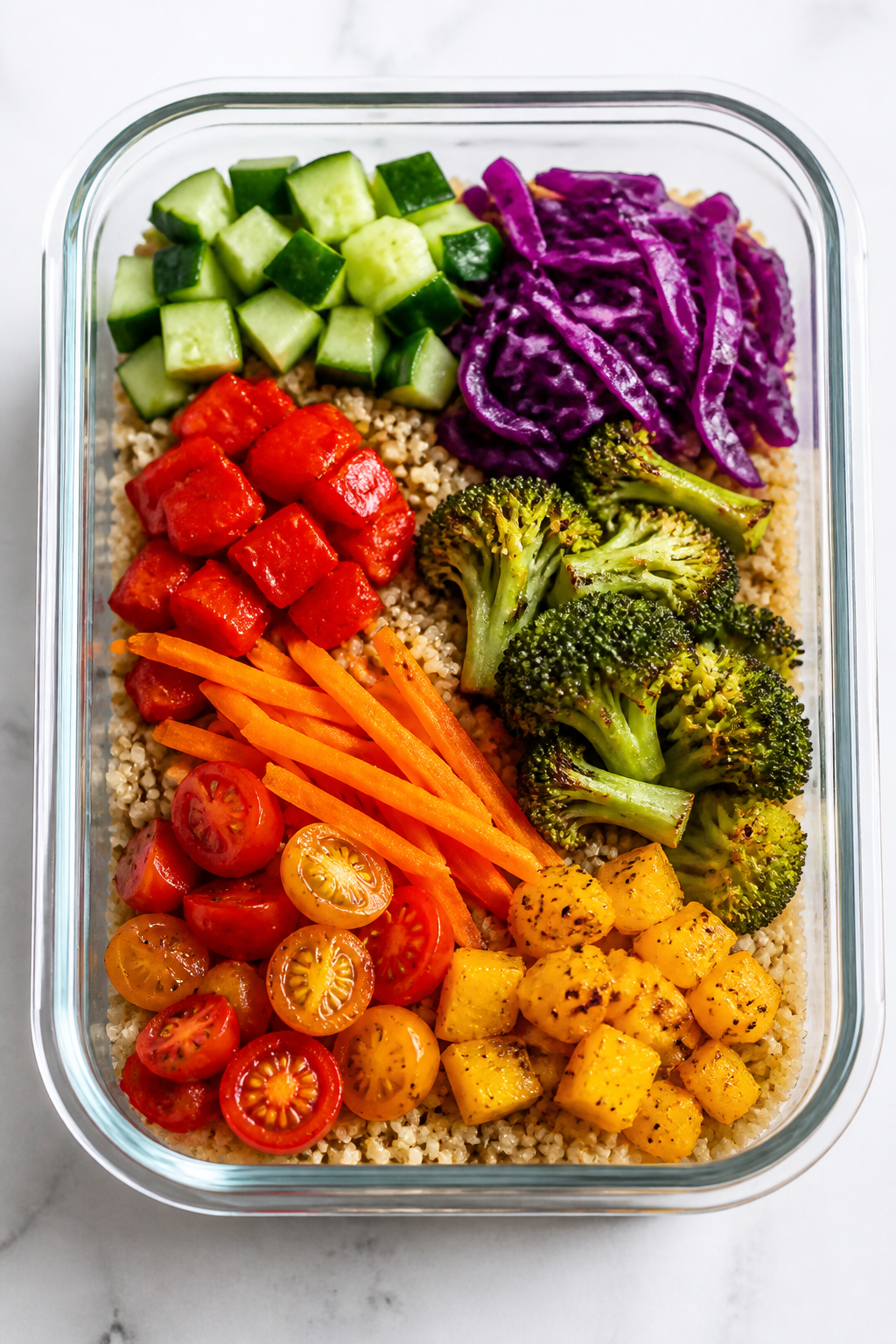 Batch-cooked quinoa with colorful veggie toppings shot