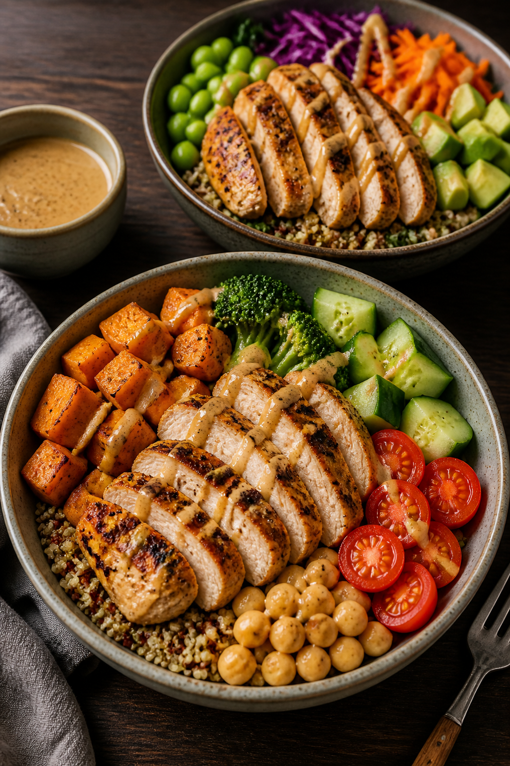 High-protein chicken bowls on dark wooden table