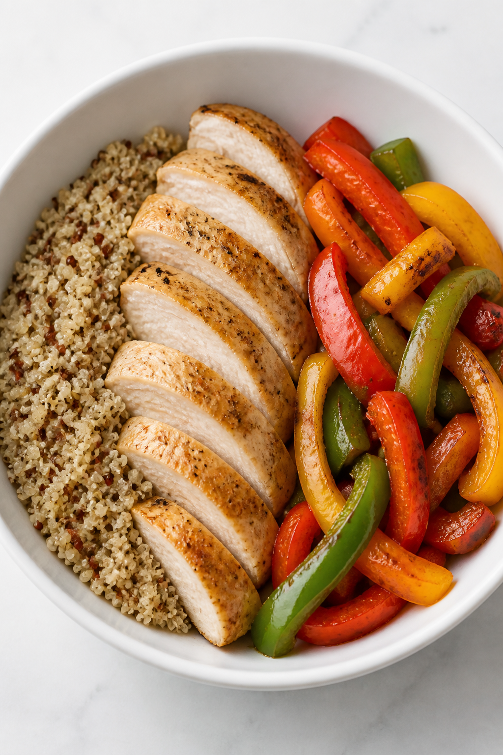 Quinoa, chicken, peppers arranged in a clean white bowl