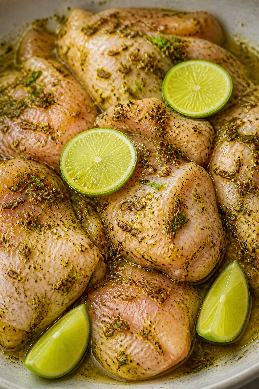 Fresh lime and cumin spices on marinated chicken