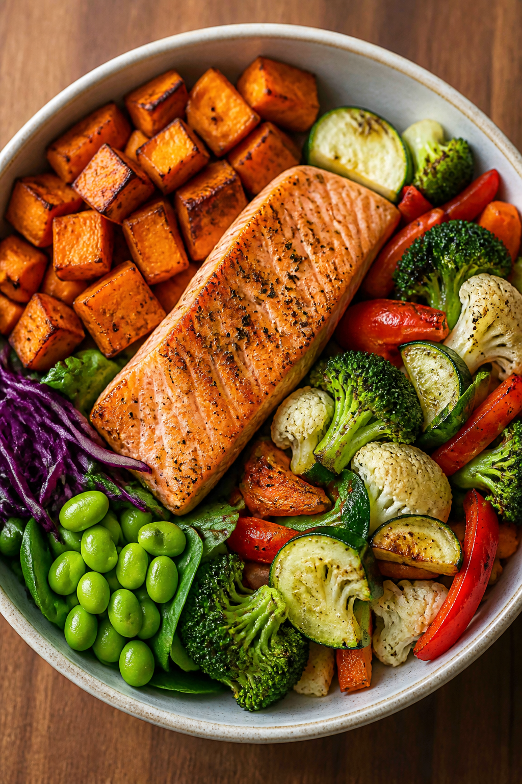 protein-packed power bowl: salmon, sweet potato, mixed veggies