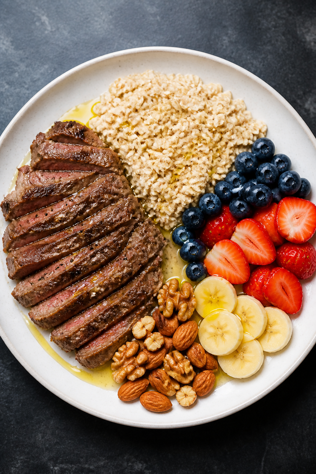 gym-inspired plate: lean beef, oats, fruit, nuts, olive oil garnish