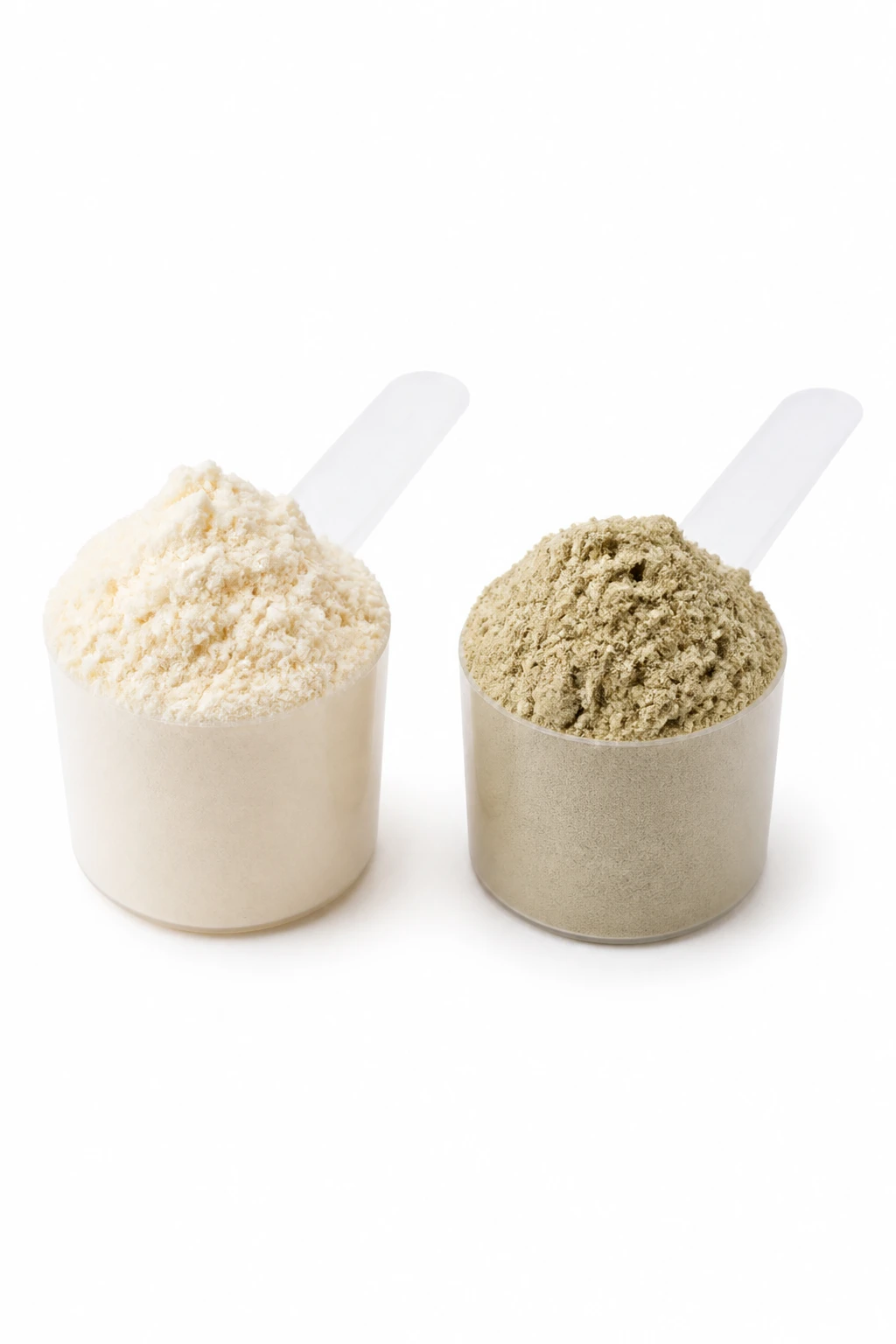 whey vs plant protein powder scoops on white background