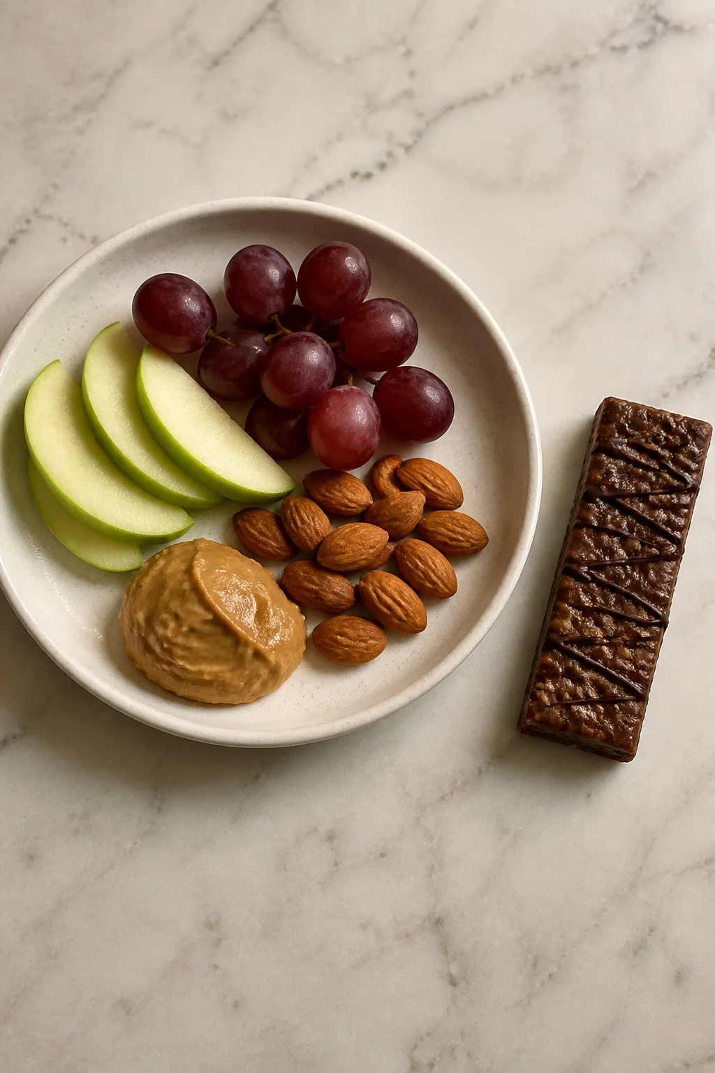 real-food snack plate vs protein bar layout on counter