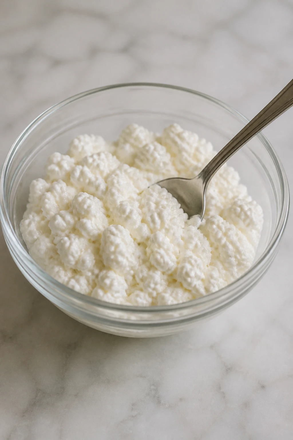 Cottage cheese clumps in glass bowl with spoon