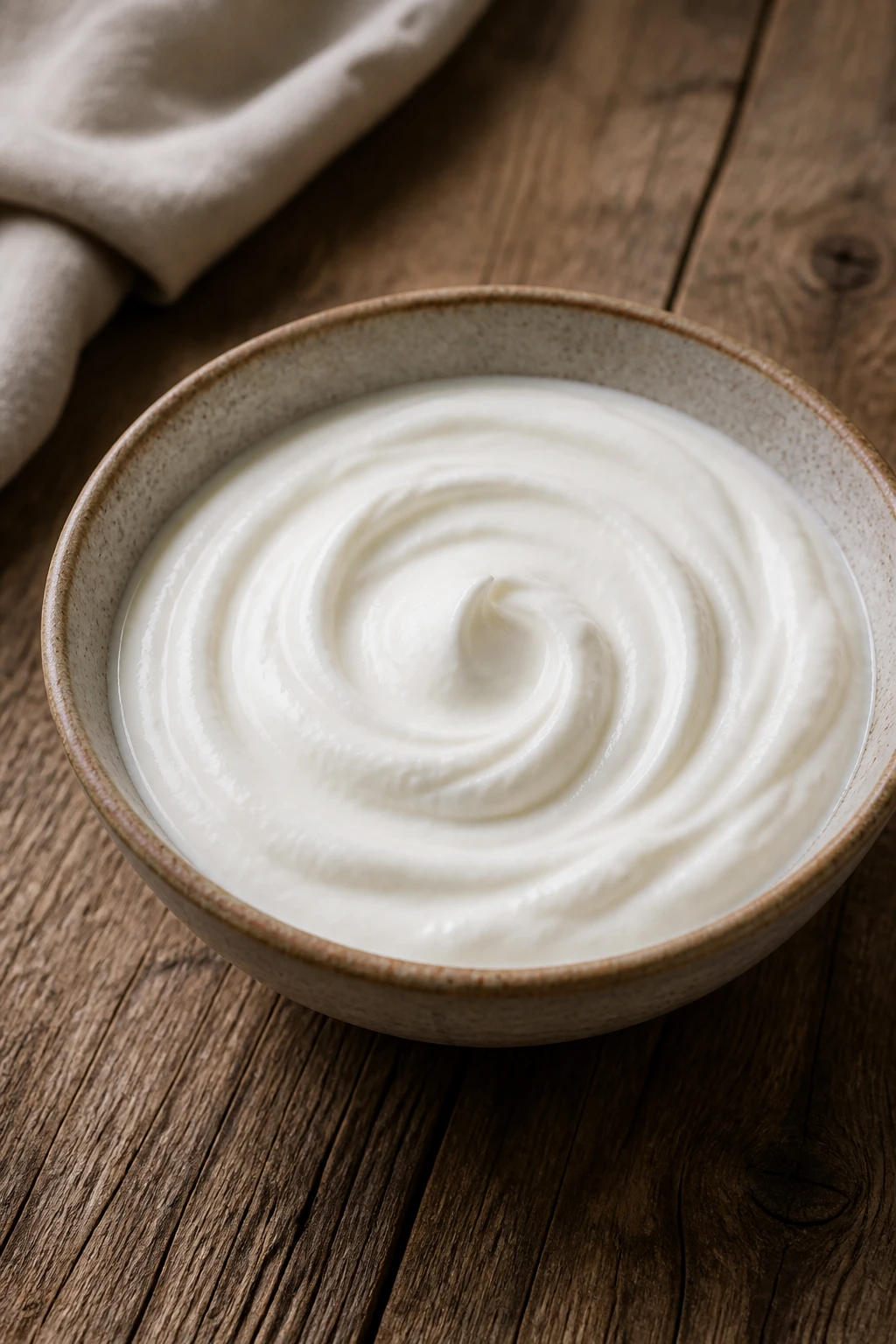 Greek yogurt swirl on rustic wooden table