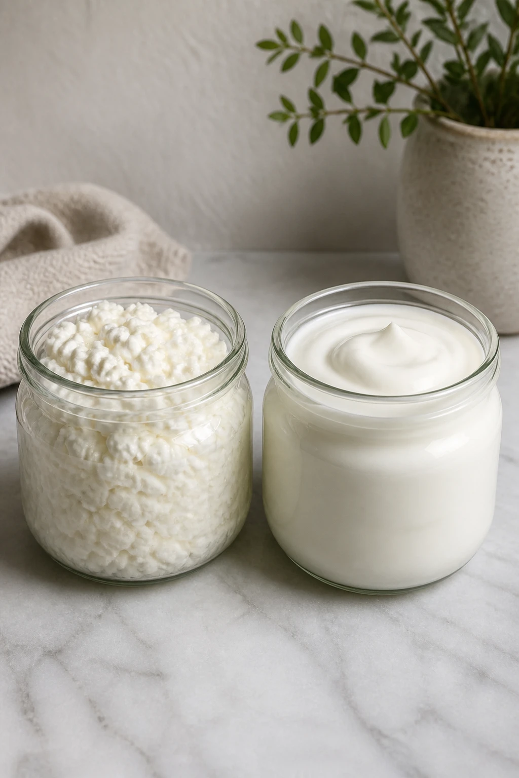 Side-by-side cottage cheese and Greek yogurt jars