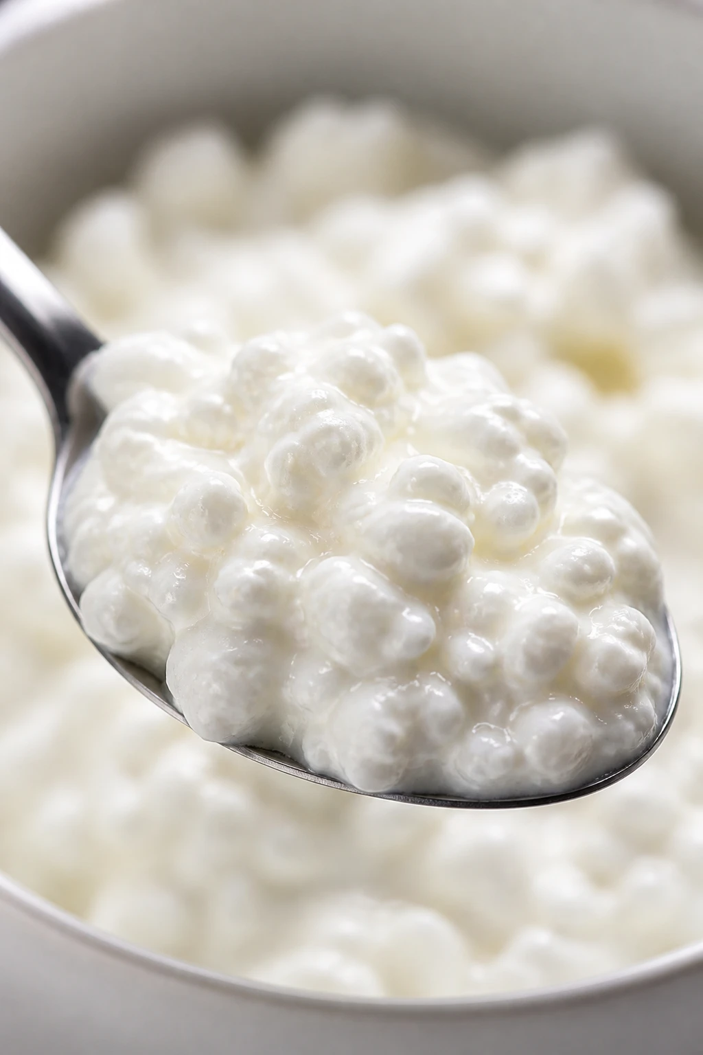Close-up: spoonful of cottage cheese texture detail
