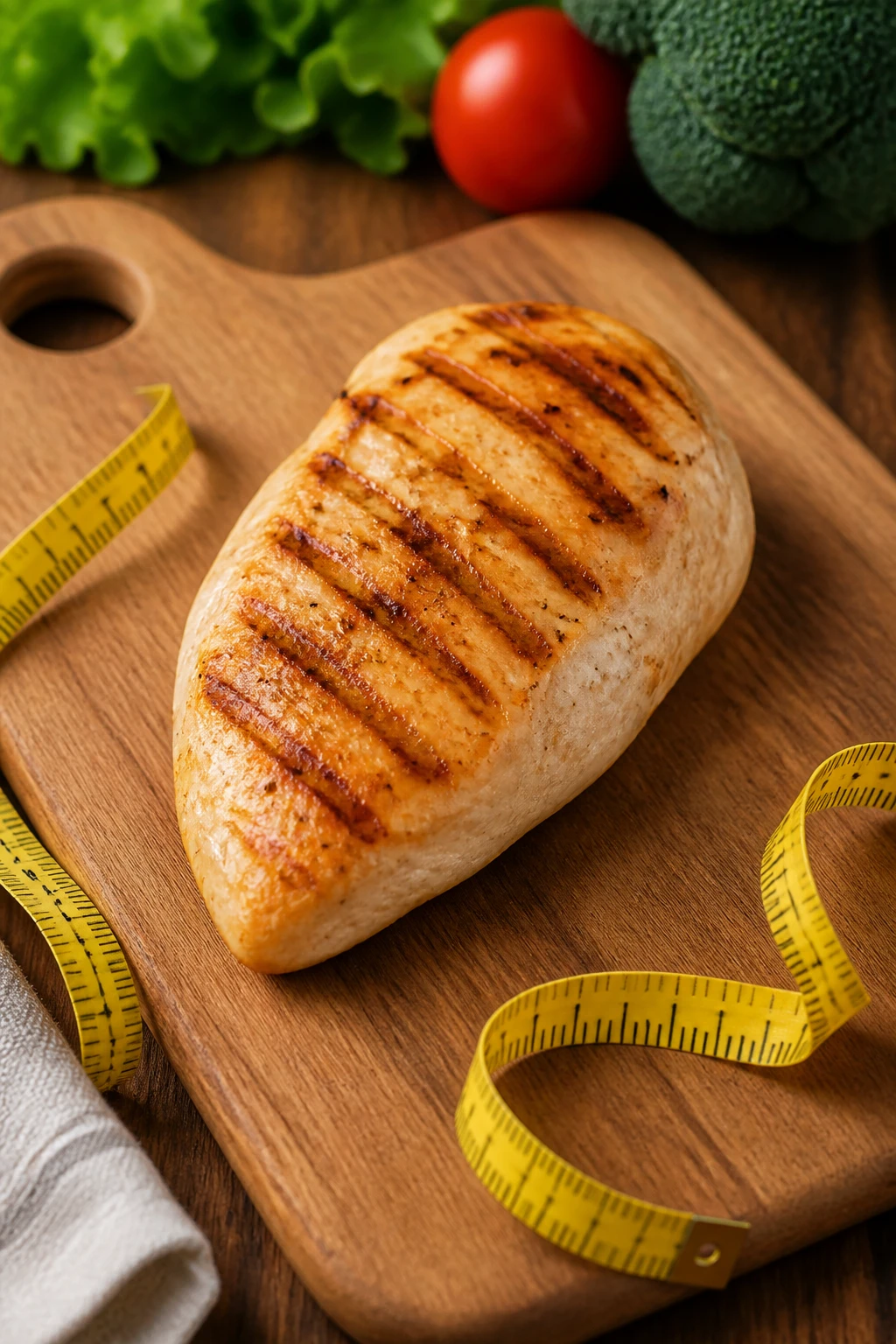 Grilled chicken breast on cutting board with measuring tape