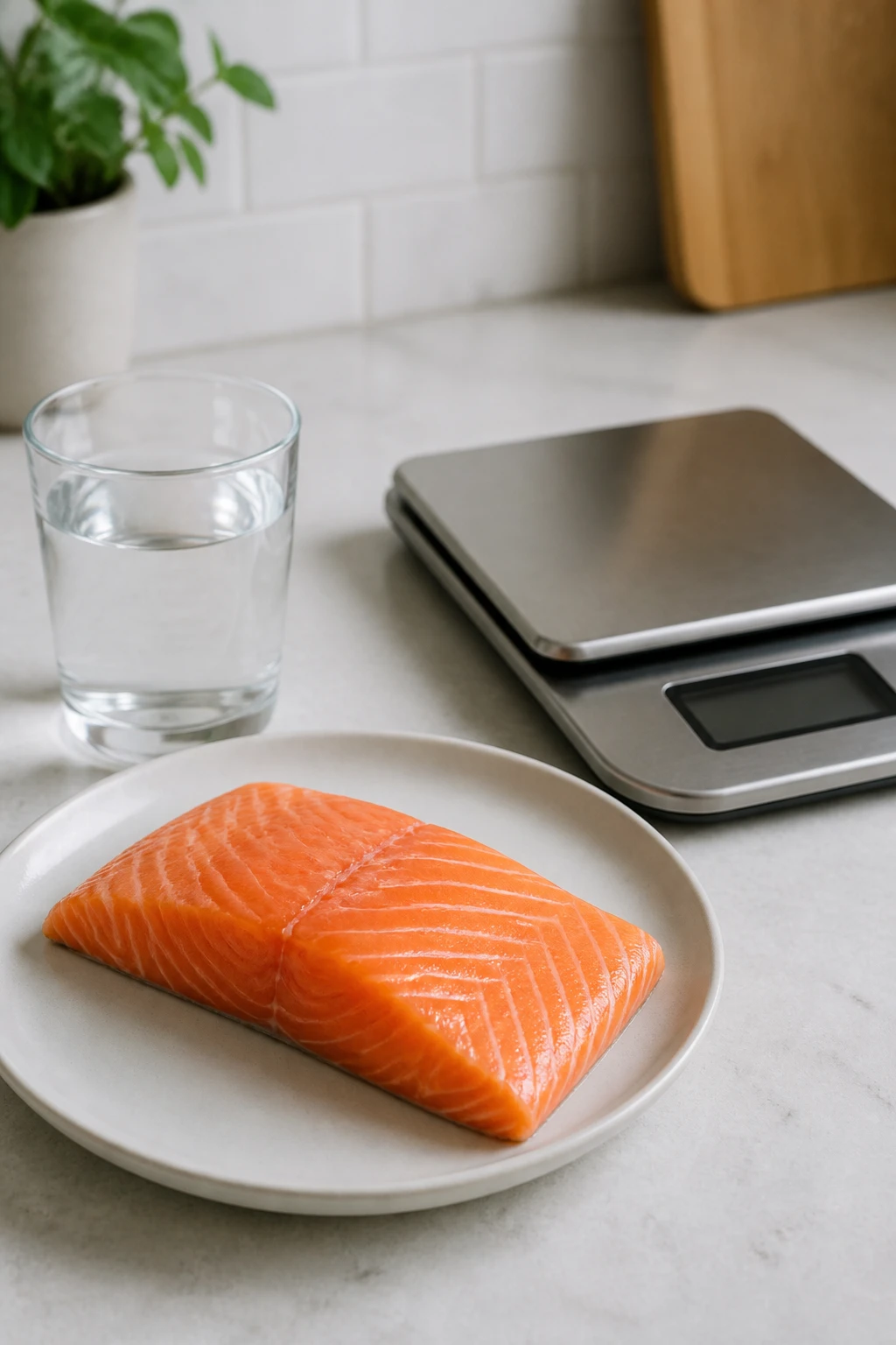 Salmon fillet beside glass of water and kitchen scale