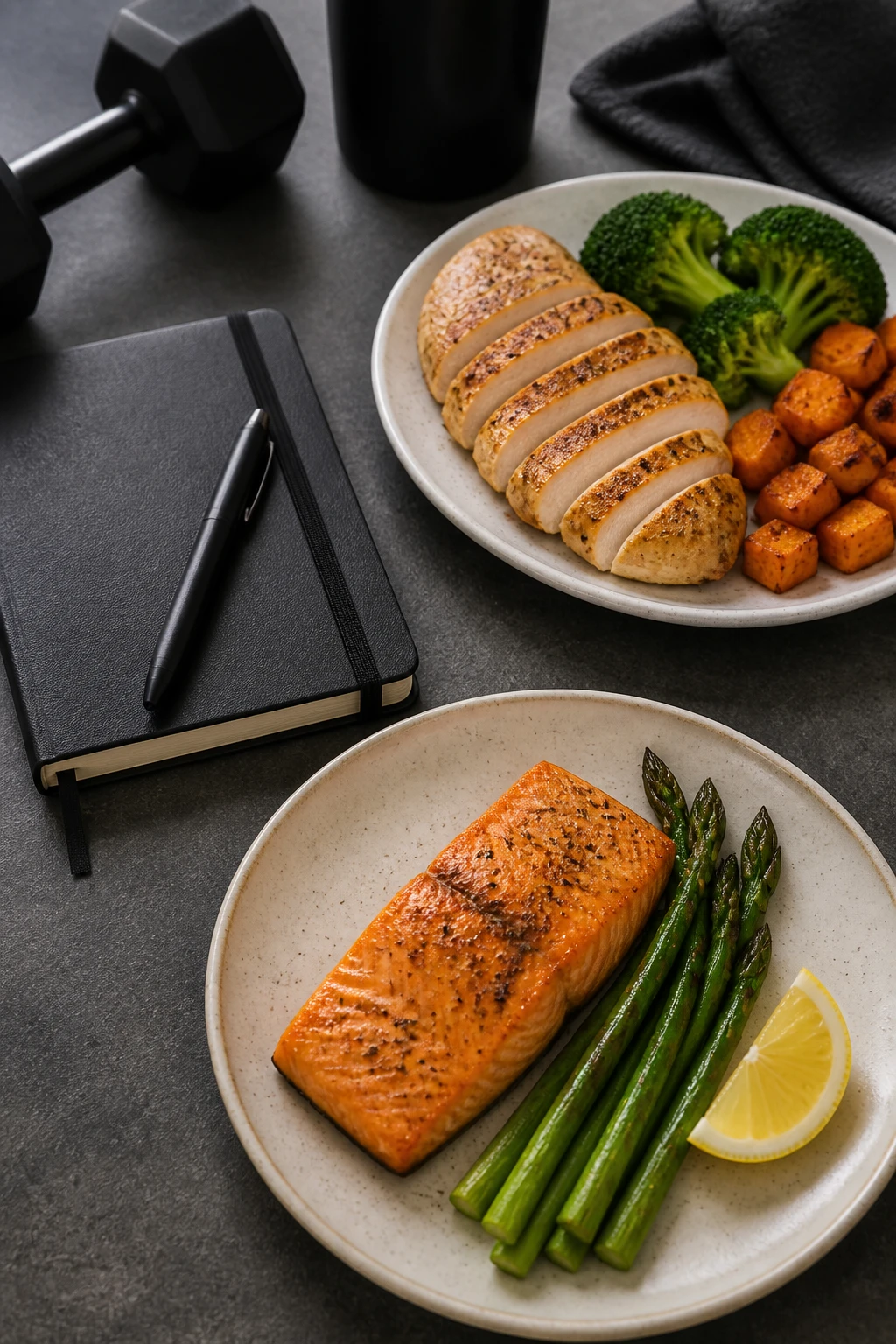 Protein portions (chicken and salmon) with fitness journal