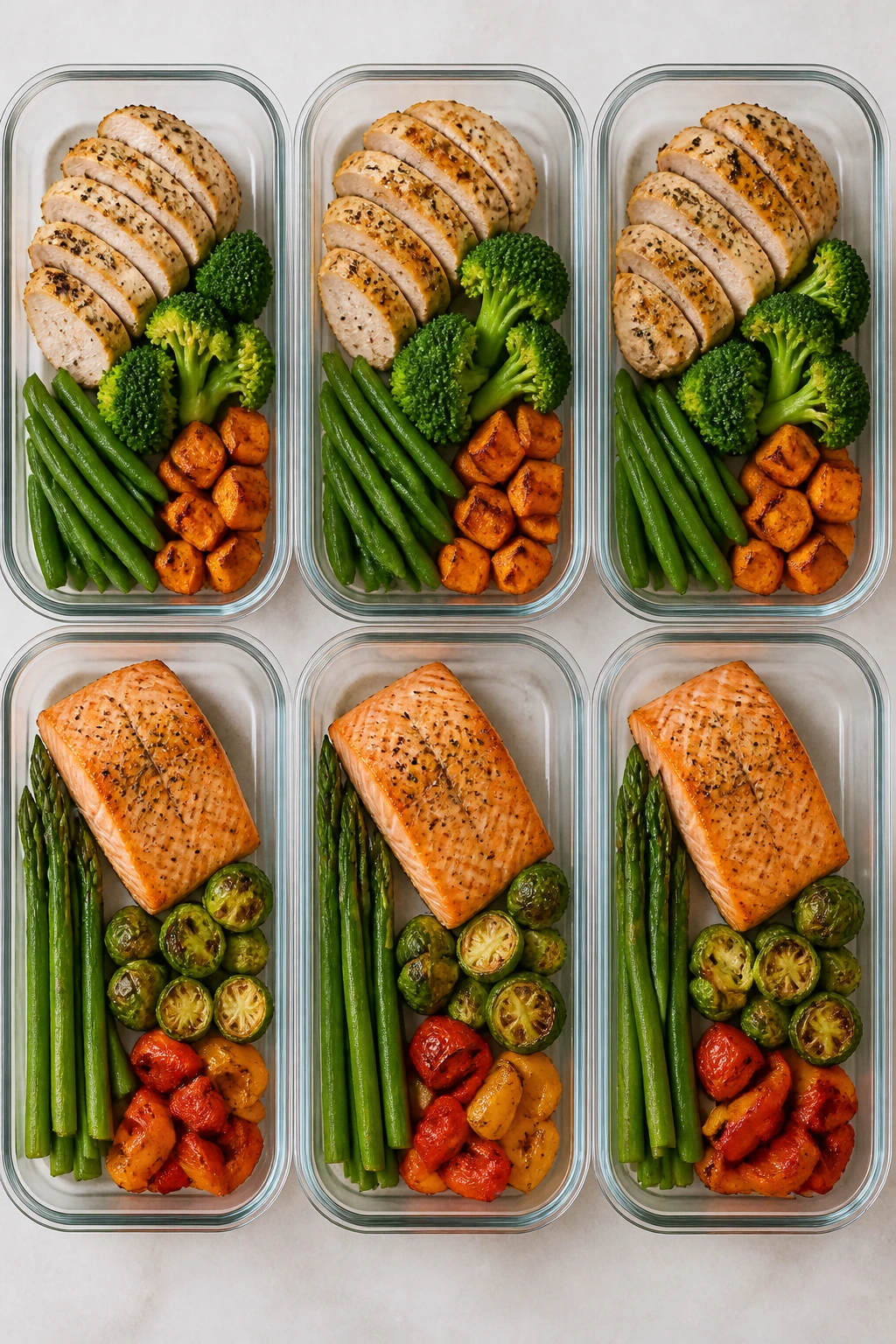 Cooked chicken breast and salmon plated for meal prep layout